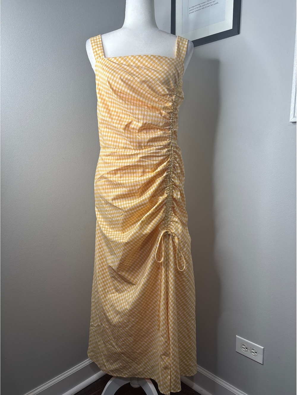 Taylor Yellow Gingham Ruched Midi Dress Size 14